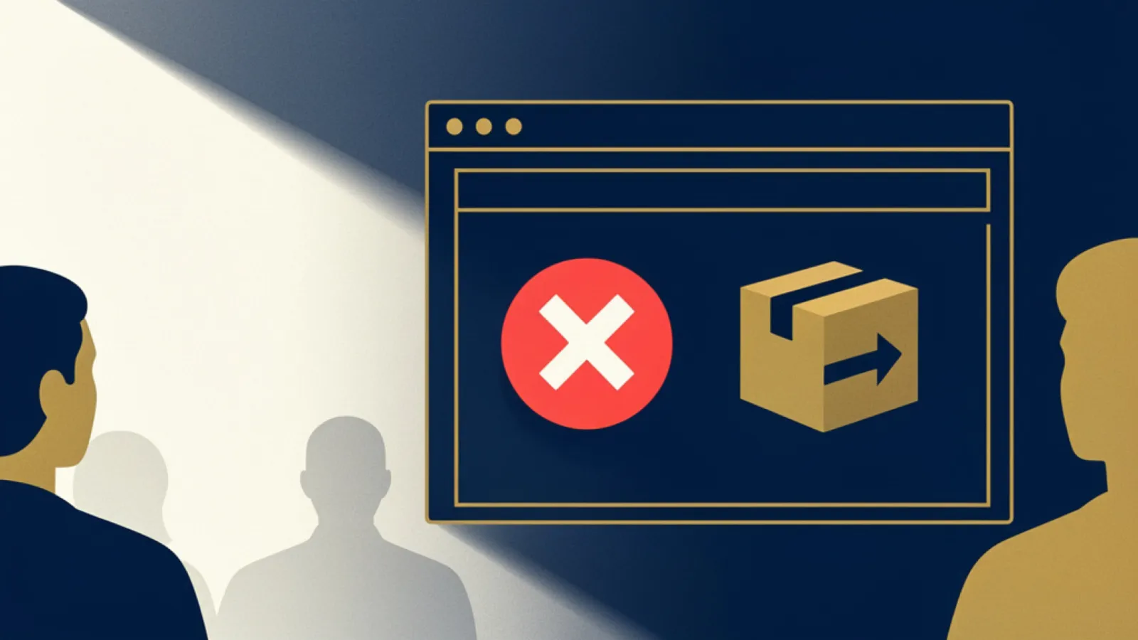 Hervorgehobener Widerrufsbutton mit X-Zeichen im Browserfenster, daneben ein Paket mit rückweisendem Pfeil